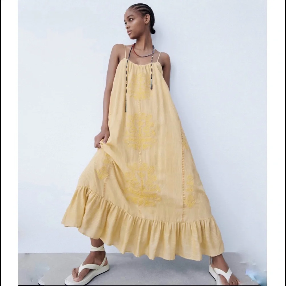 Zara embroidered ruffly embellished long cotton summer dress